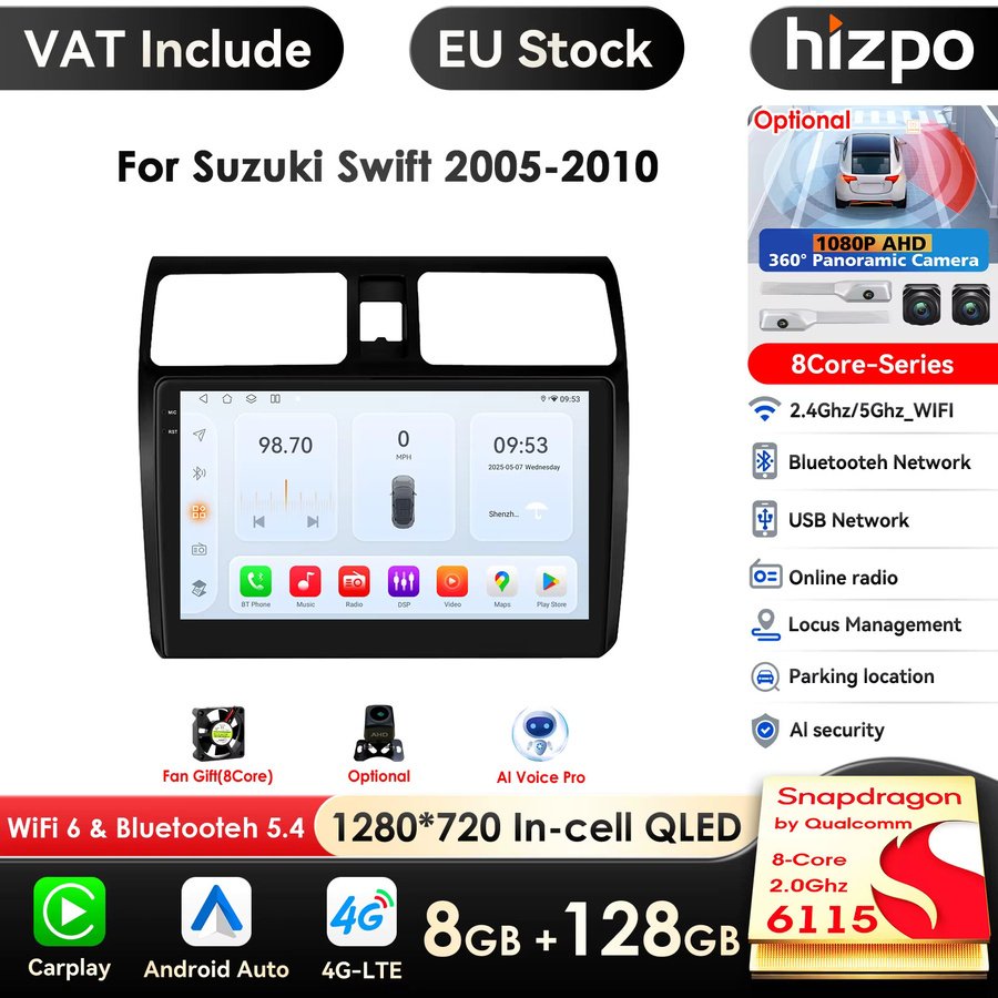 HIZPO Android 14 Auto-Multimedia-Player für Suzuki Swift 2005-2010 mit 10,1 Zoll Display, Carplay, 4G, GPS, Bluetooth und DSP, Schwarz - Bild 1