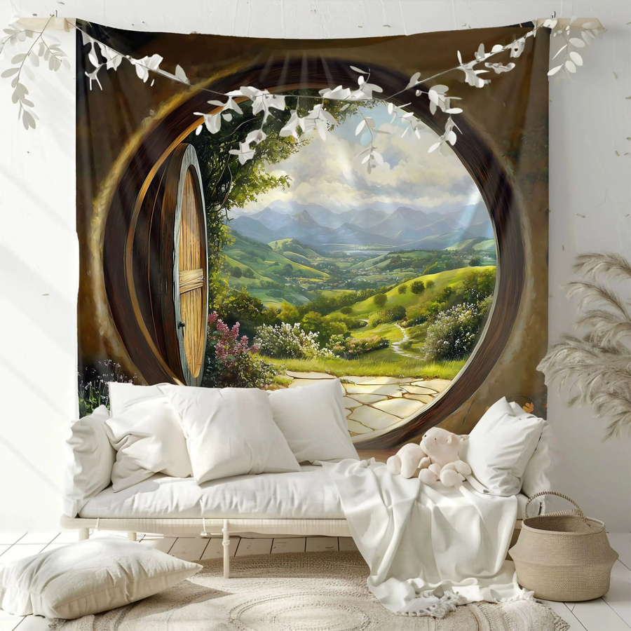 VIKAMA Hobbit Shire Rundfenster Wandteppich mit Welt-Hintergrundtuch in Multicolour zur Raumdekoration - Bild 2