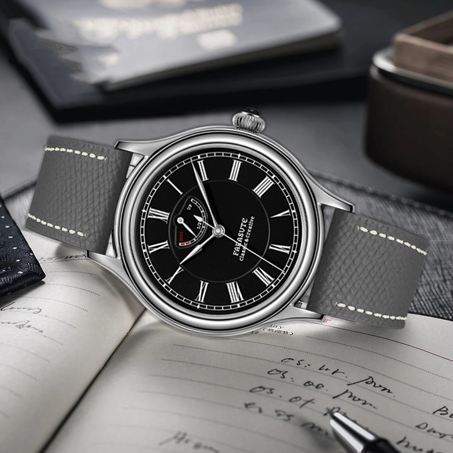 FARASUTE Herren-Pilotenuhr, Handaufzug, Edelstahl, 40 mm, Leder, Silber - Bild 2