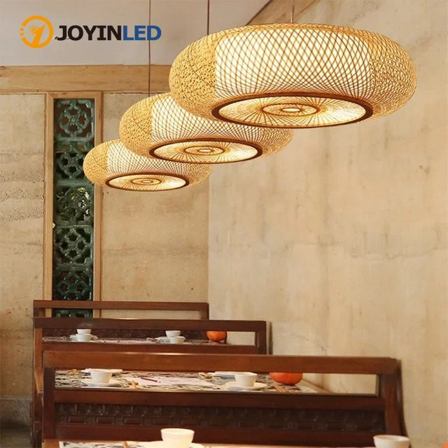 JOYINLED Pendelleuchte aus Rattan und Bambus im Boho-Design, runde Hängelampe aus Holz für Wohnzimmer und Schlafzimmer - Bild 1
