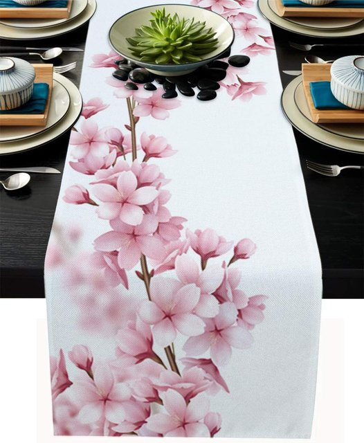 JMG Household Supplies Tischläufer aus Leinen mit Frühlingskirschblüten-Blumenmuster in Rosa und Weiß, B/H: 150 x 33 cm - Bild 1