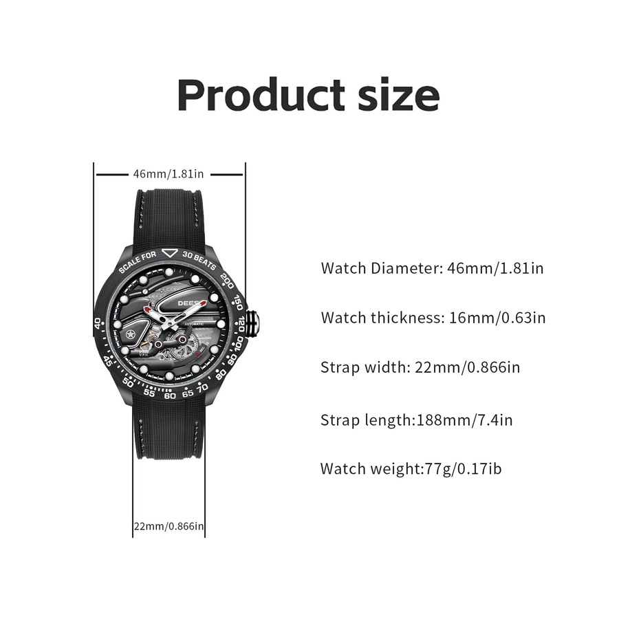 Deesio Armbanduhr Automatik, Kohlefaser, Silikonband, Herren, Schwarz - Bild 3