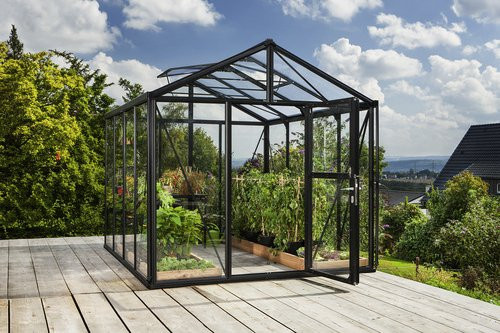VITAVIA Gewächshaus Zeus in Schwarz mit Aluminiumrahmen und Glas, 8,1 m² mit geteilter Flügeltür und Dachfenstern