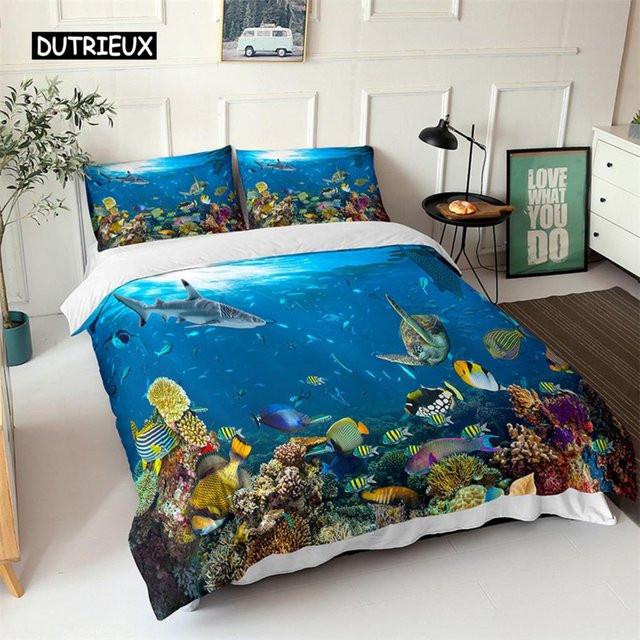 Binchi Outdoor Product Ozean Bettwäsche Set mit 3D-Fisch-Motiv in Blau, Nordisches Design für Kinder, Polyester, B/H: 155 x 215 cm - Bild 1
