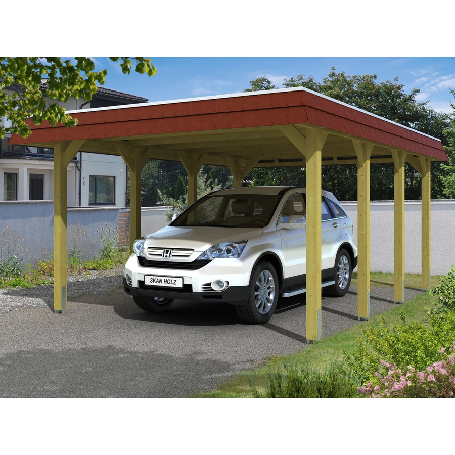 Skan Holz Carport Spreewald aus Nadelholz mit grüner Blende und flacher Dachform inklusive Regenrinne und Regenfallrohr - Bild 2