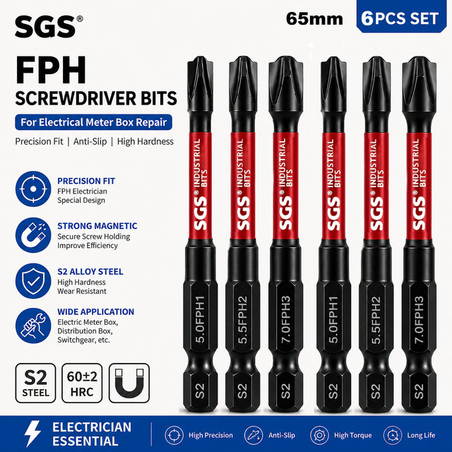 FPH Elektriker-Schraubendreher-Bit-Set aus S2-Stahl mit 65 mm Länge, magnetisch für Reparaturen an Zählerkästen, Verteilerschränken und Leistungsschaltern - Bild 1