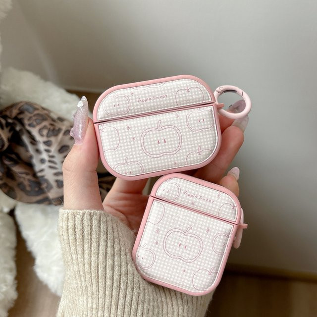 Pink Line Apple Grid Pattern Kunstleder Kopfhörerhülle mit Magnet und Haken für AirPods 1, 2, 3, 4 und Pro 2 - Bild 1