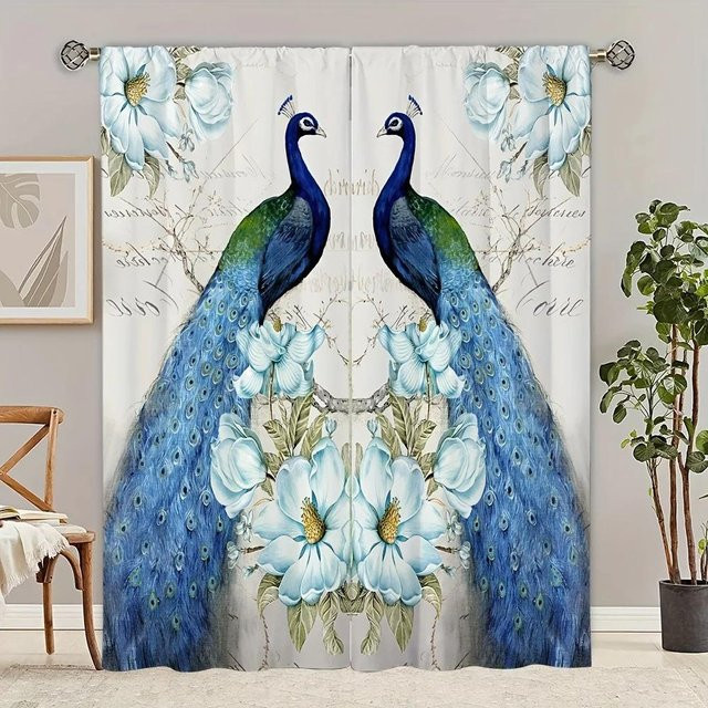 Yiran Furniture Halbverdunkelnde Fenstergardinen mit Vintage Pfau-Druck in Blau, B: 55 cm, H: 120 cm - Bild 1