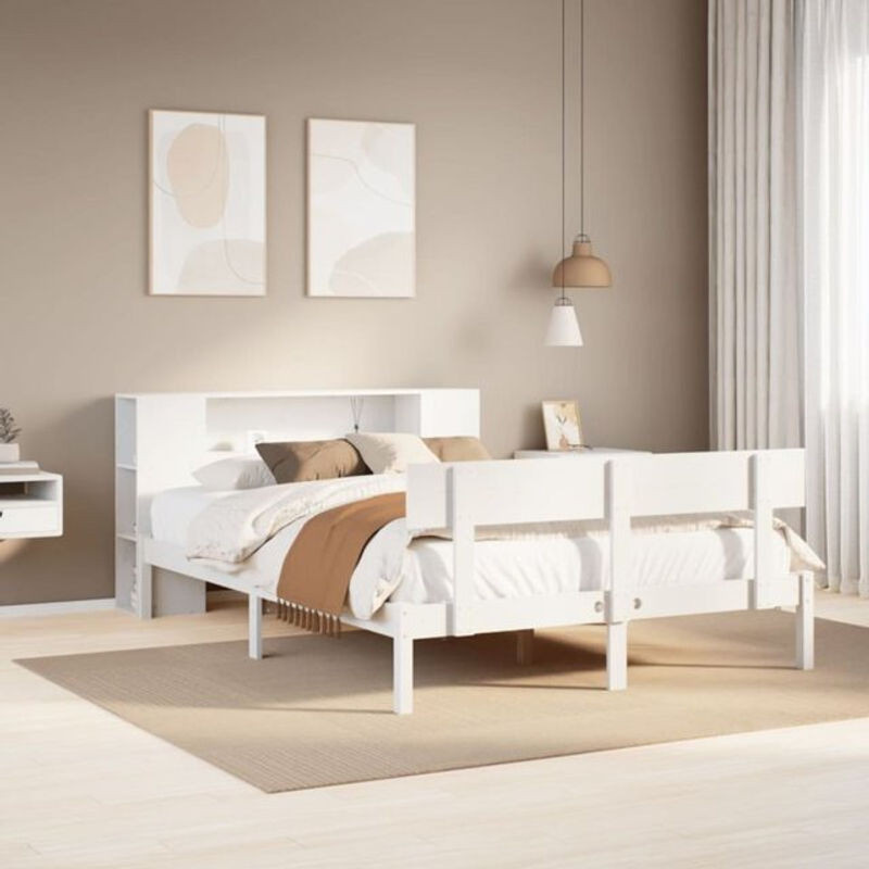 Massivholzbett aus Kiefer mit Regal in Weiß von Vidaxl, B/T/H: 135 x 190 x 82 cm - Bild 1