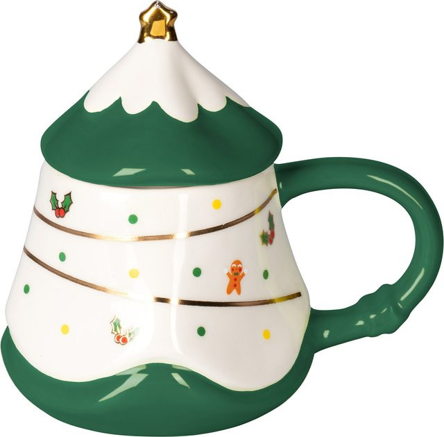 Weihnachtstasse Tannenbaum von Genialo aus Keramik in Grün-Weiß mit Deckel, 270 ml - Bild 1