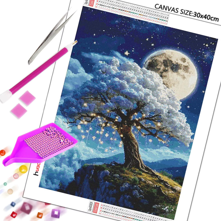 Huacan 5D-Diamant-Stickerei Set mit Baum und Mond Motiv in Multicolour zur Wanddekoration - Bild 2
