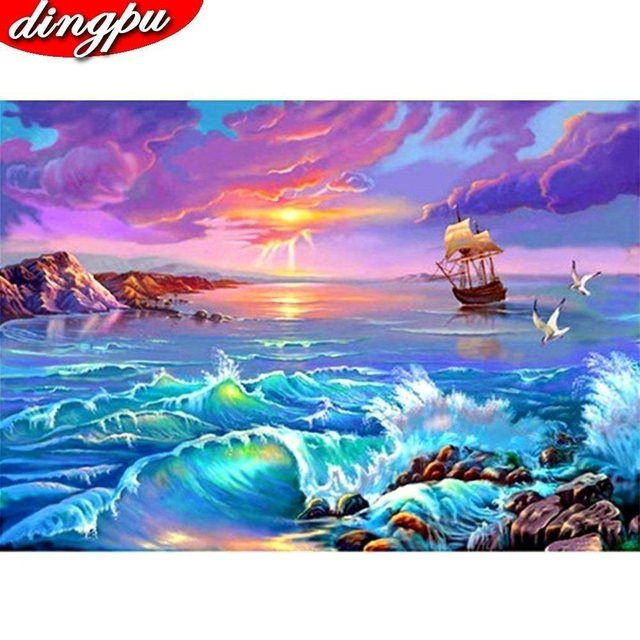 FIYO 5D Diamant Stickerei Set Segelboot Landschaft Mosaik Dekoration, Farbe: Pink/Mehrfarbig, Breite: 30 cm, Höhe: 20 cm - Bild 1