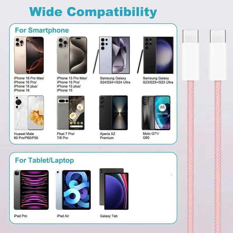 60W USB-C zu USB-C Schnellladekabel aus nylon geflochtenem Material für iPhone 15, 16, 17 Pro Max und Samsung Typ-C in Gelb und Pink - Bild 4