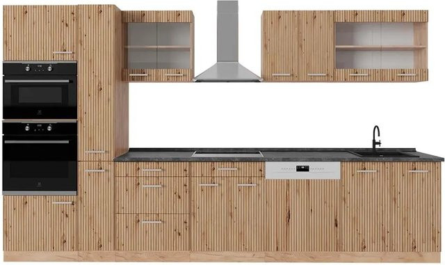 Vicco R-Line Küchenzeile Artisan-Eiche und Goldkraft Eiche mit Hochschrank in Anthrazit, Breite: 350 cm - Bild 1