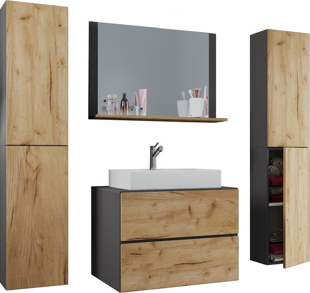 VCM Badmöbel Set Lendas XL 5-tlg. Waschplatz mit Keramik-Waschtisch und Spiegel in Weiss Anthrazit Eiche, B/T/H: 80 x 52 x 52 cm - Bild 1