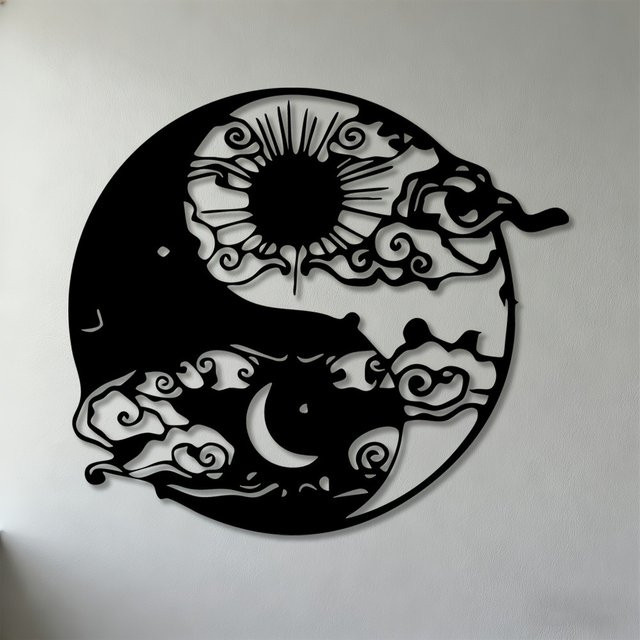CIFBUY Yin Yang Sonne Mond Wandkunst aus Metall in Schwarz als abstrakte 2D Eisenskulptur zur Wandmontage - Bild 1