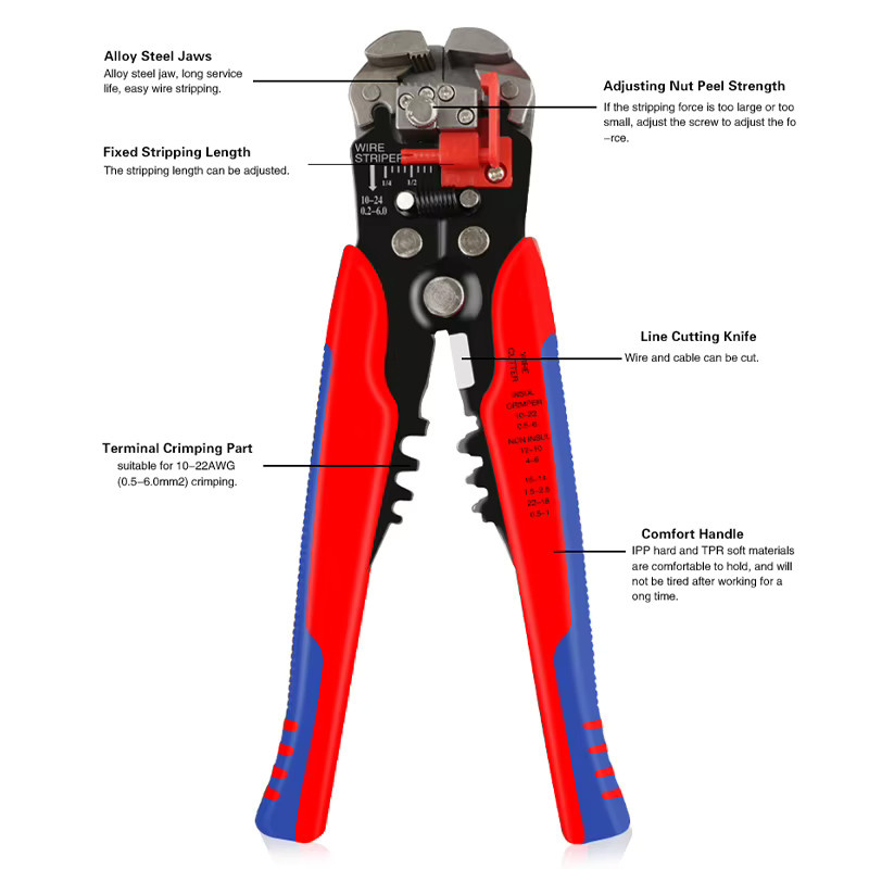 Cowurst 3-in-1 Multifunktionale Abisolierzange in Rot zum Schneiden, Abisolieren und Crimpen - Bild 2