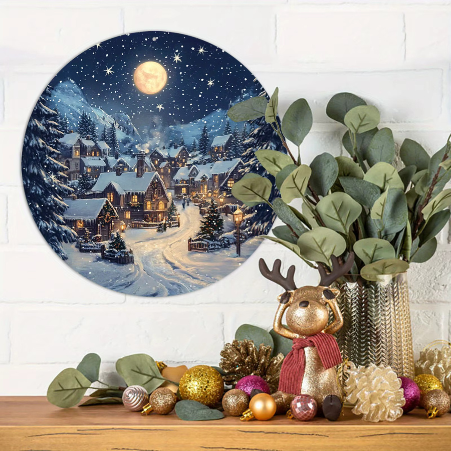 Potdemiel Vintage Rundes Metallschild Winternacht Schnee Dorf Szene Wandbehang Mehrfarbig Durchmesser: 20,32 cm - Bild 5