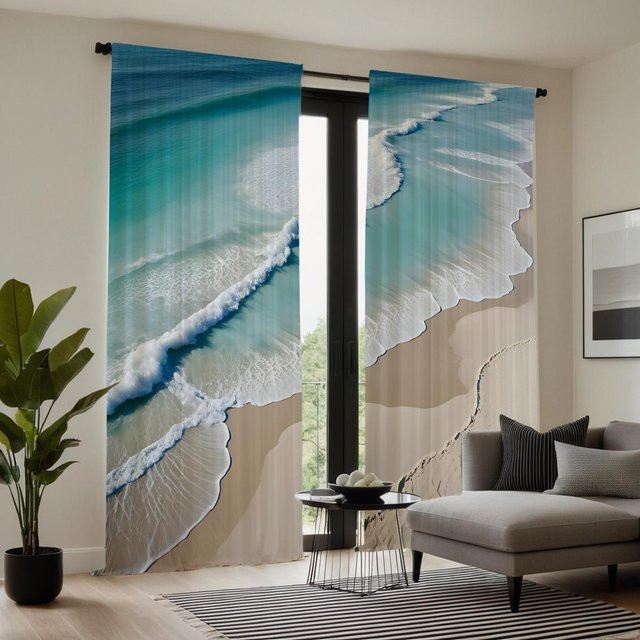 2er-Set dekorative Vorhänge mit blauem Strandmotiv, digitaler Grafik, semi-transparent, B: 132 cm, H: 160 cm - Bild 1