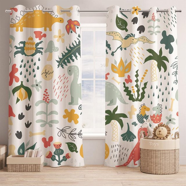 A Family Of Home Textiles Kinder-Vorhänge mit Dinosaurier-Muster in Grau, 2 Paneele, semi-transparent, Breite: 100 cm, Höhe: 130 cm - Bild 1
