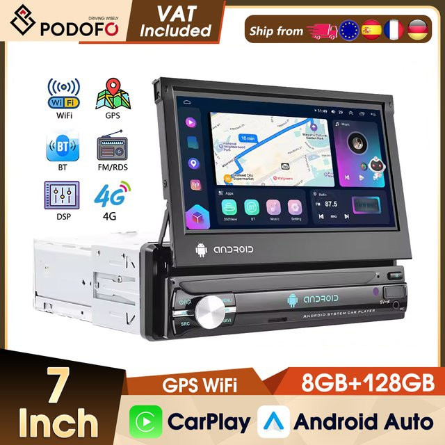 Podofo 1Din Autoradio mit ausziehbarem Bildschirm, Android Auto und Carplay, 8+128G, GPS-Navigation, WLAN, 4G, FM/AM/RDS, DVR, Schwarz - Bild 1