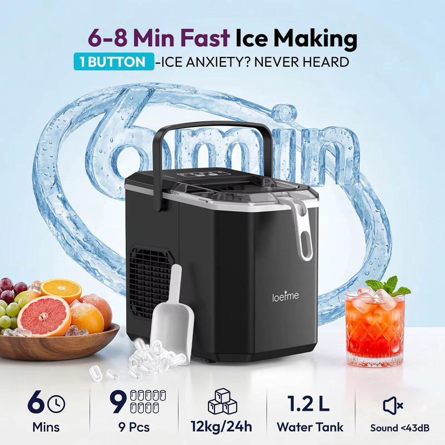 Loefme Eiswürfelmaschine in Schwarz mit 1,2 l Volumen und 12 kg Kapazität pro 24 Stunden inklusive Eiswürfelschaufel - Bild 2