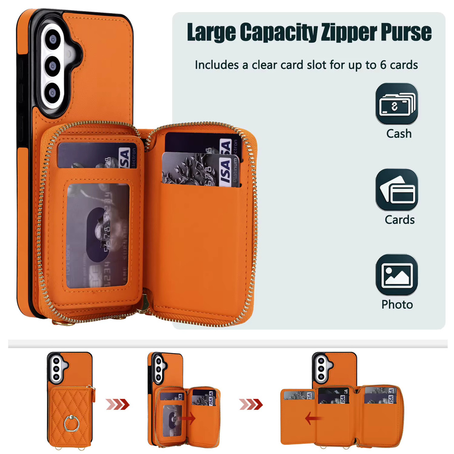 Crossbody Lanyard Kartenetui mit Reißverschluss und Lederhülle für Samsung Galaxy S26 Ultra S25 S24 S23 S22 A06 A36 mit Standfunktion in Purple und Orange - Bild 5