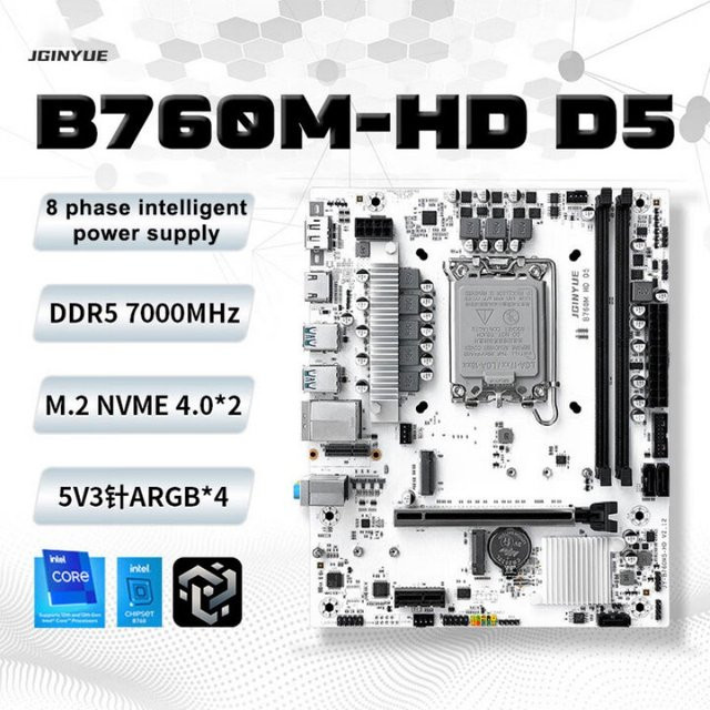 JGINYUE B760M-HD D5 MicroATX Gaming Motherboard in Weiß für Intel 12., 13. und 14. Generation mit DDR5 7000MHz und 2x M.2 PCIe 4.0 - Bild 1