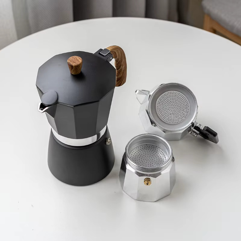 JUSTINLAU Moka-Topf aus Aluminium in Schwarz mit italienischem Holzgriff für Espresso und Kaffee - Bild 4