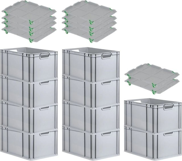 PROREGAL SparSet 10x Eurobox NextGen Grip mit Auflagedeckel und 4 grünen Schiebeschnappverschlüssen, Grau, H x B x T: 32 x 40 x 60 cm, 65 Liter - Bild 1