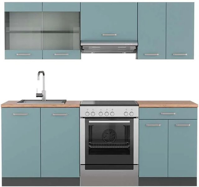 Vicco R-Line Küchenzeile modern in Blau-Grau und Anthrazit mit Eiche-Optik, B: 200 cm, T: 60 cm, H: 82 cm - Bild 1