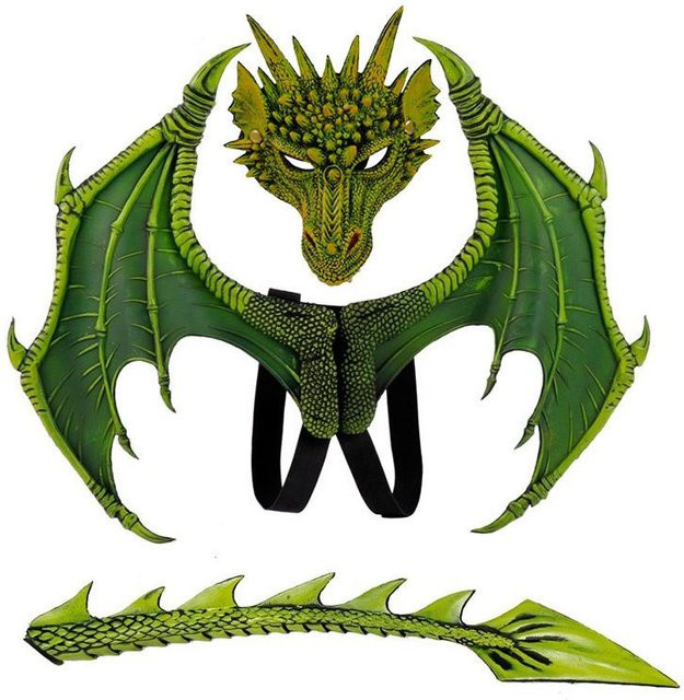 Drachenkostüm Tierkostüm, Flügel und Schwanz, Schwarz, Grün, One Size - Bild 1