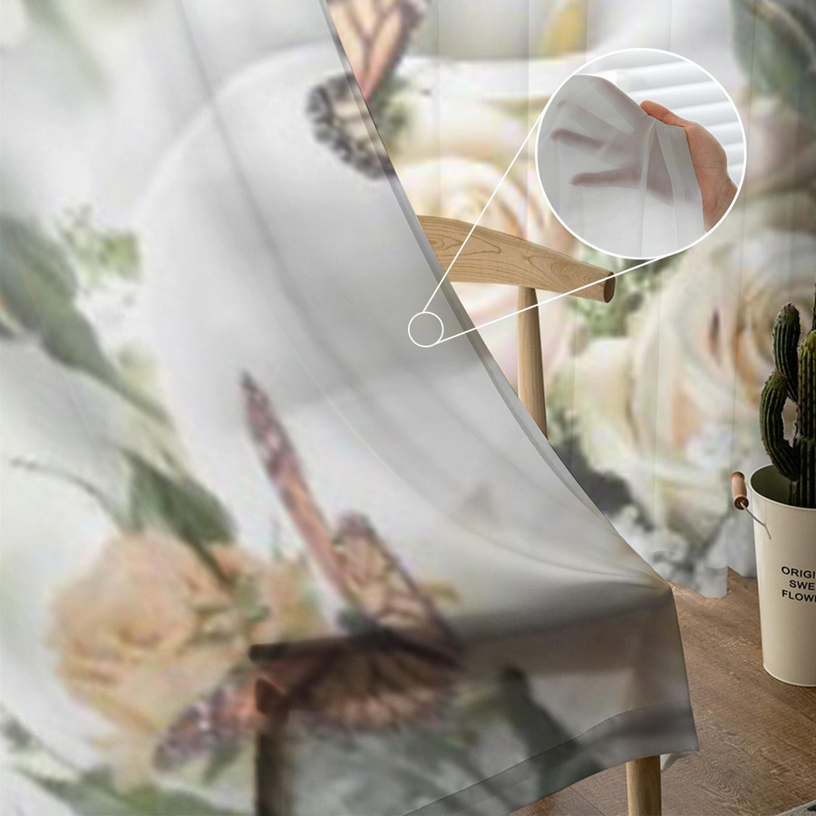 Super Six Transparentes Tüllvorhang mit gelben Rosen und weißen Calla-Lilien sowie Schmetterlingen, Voile-Organza-Dekorvorhang, Breite: 135 cm, Höhe: 114 cm - Bild 2