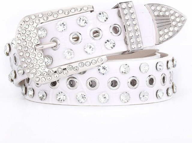 Jeansgürtel Faux PU-Leder, Strasssteine, Damen, 105 cm, Weiß - Bild 1