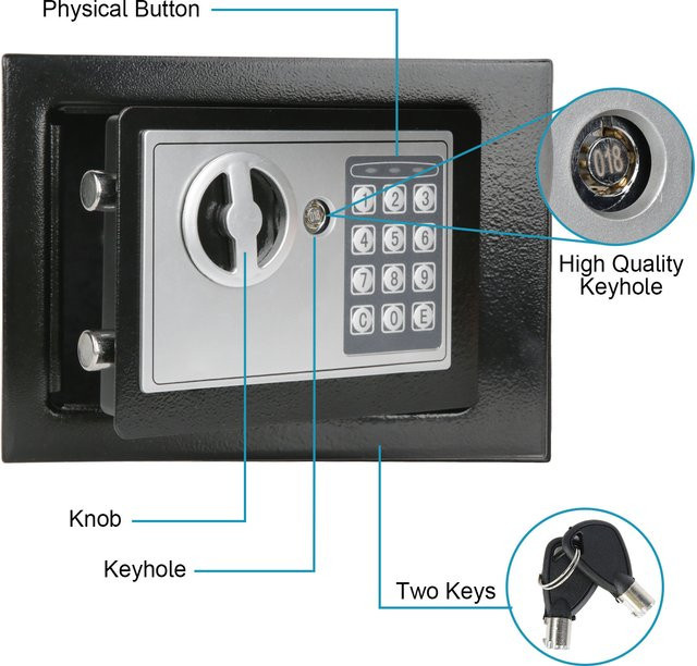 HGTUGO Safe Box Abschließbare Aufbewahrungsbox mit elektronischem Digitaltastenfeld und Schlüsselöffnung, Schwarz, Volumen: 4,6 l - Bild 1