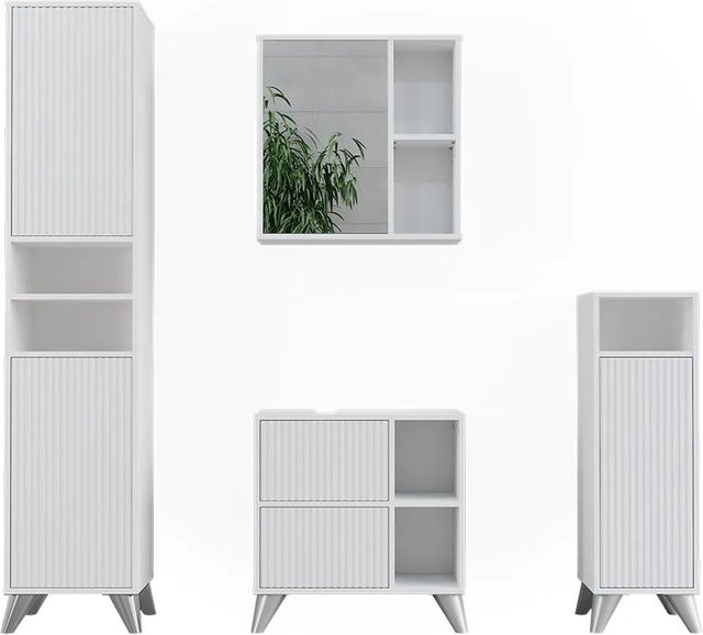 Vicco Badezimmerschrank-Set Leano Weiß 4-teilig mit Waschtischunterschrank, Spiegelschrank, Hochschrank und Seitenschrank - Bild 1