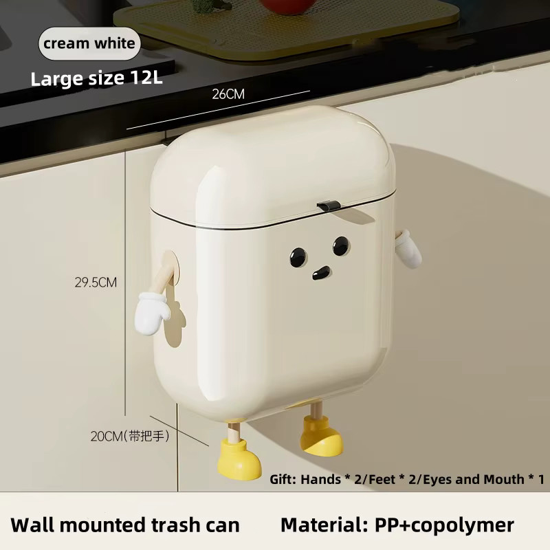 HUILV Wandmontierter Mülleimer mit Klappdeckel für Küche und Badezimmer, Beige oder Weiß, Volumen: 9L oder 12L, Breite: 29,5 cm, Tiefe: 26,0 cm - Bild 5