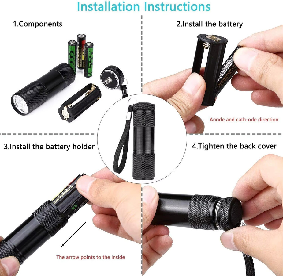 NEWBIRTH UV-Taschenlampe Schwarzlicht-Detektor mit 9/12 LED für Haustier-Urin, Skorpione und Schmuckinspektion, Farbe: Schwarz - Bild 3
