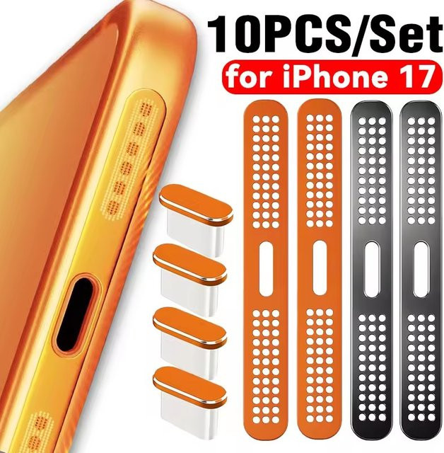 10er Set Metall Staubschutz-Stecker und Lautsprecher-Abdeckungen für iPhone 17, 17 Pro, 17 Pro Max und 17 Air in Orange - Bild 1
