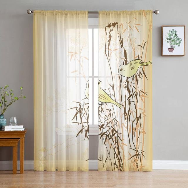 Transparenter Tüll-Vorhang mit grünem Bambusblatt-Design von A Family Of Home Textiles, Breite: 135 cm, Höhe: 213 cm - Bild 1