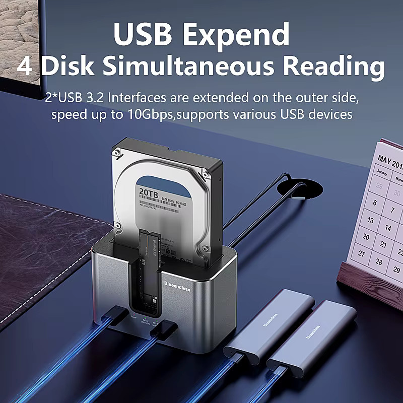 Blueendless SSD HDD Dockingstation in Silber mit USB 3.2 Hub für M.2 NVMe, M.2 SATA sowie 2,5 und 3,5 Zoll SATA Festplatten und USB-C Anschluss - Bild 3