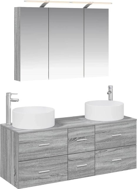vidaXL Badezimmermöbel-Set 4-teilig in Grau, modern mit Waschtischunterschrank und Wandunterschrank aus Holz und Glas mit LED-Beleuchtung und Spiegel - Bild 1