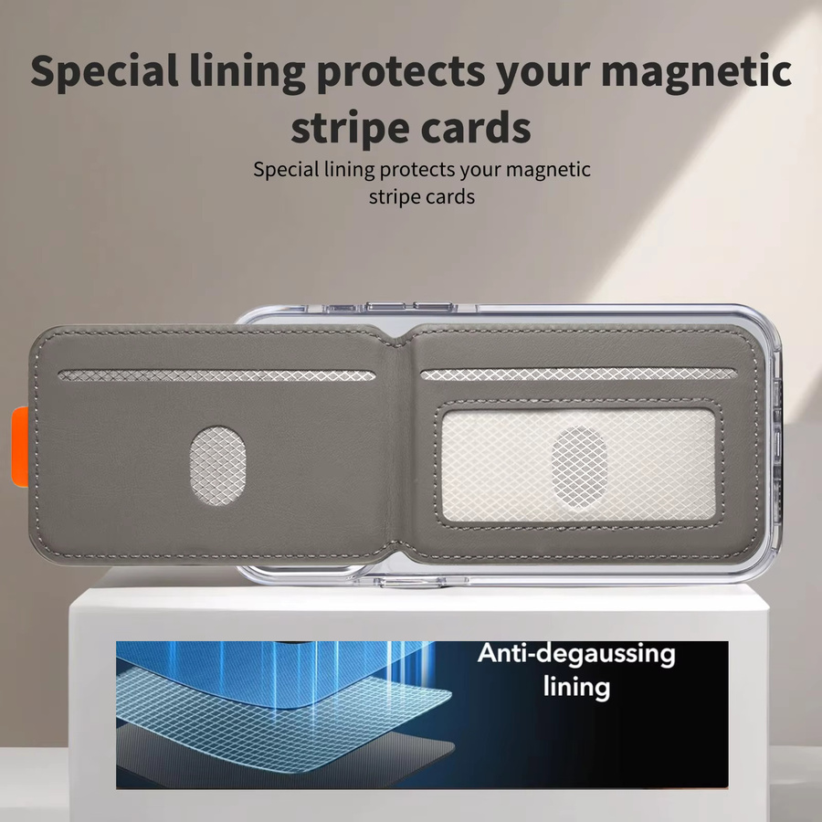 Eseble Magnetischer Telefonkartenhalter aus Premium PU-Leder in Grau mit RFID-Schutz und Kompatibilität für magnetisches kabelloses Laden - Bild 3