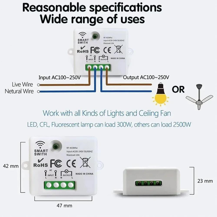 YJMP RF 433MHz Kabelloser Fernschalter 1-Kanal RF Relais Empfängermodul für LED-Lichter, Lampen und Ventilatoren, Farbe: Weiß, 220V - Bild 3
