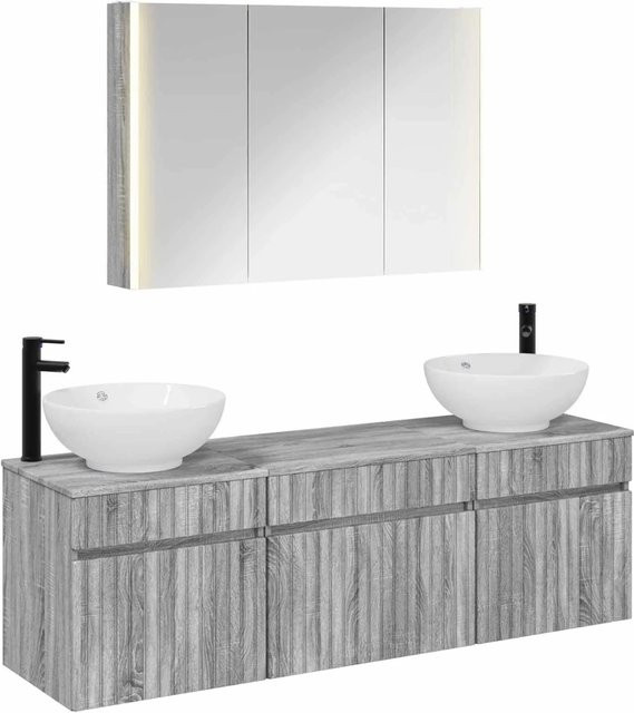 vidaXL Badezimmerschrank-Set 4-teilig in Grau Sonoma, bestehend aus Waschtischunterschrank und Spiegelschrank mit LED-Beleuchtung, Wandmontage, Breite: 103,5 cm, Tiefe: 15,5 cm, Höhe: 70 cm - Bild 1