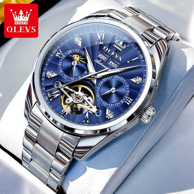 OLEVS Armbanduhr, Automatik, Edelstahl, Mondphase, Herren, Silber - Bild 1