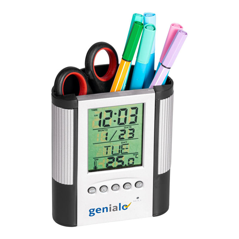 Genialo Digitaler Wecker mit Stiftehalter, Thermometer und Datumsanzeige aus Kunststoff in Silber, Schwarz oder Weiß - Bild 2