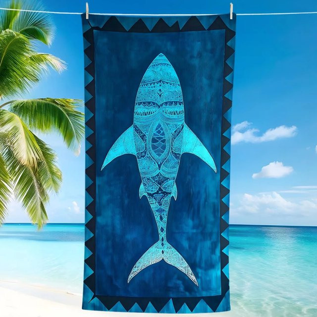 Tribal Shark Strandtuch mit Boho Ocean Mandala-Druck in Blau, schnell trocknendes und saugfähiges Badetuch für Strand und Pool - Bild 1
