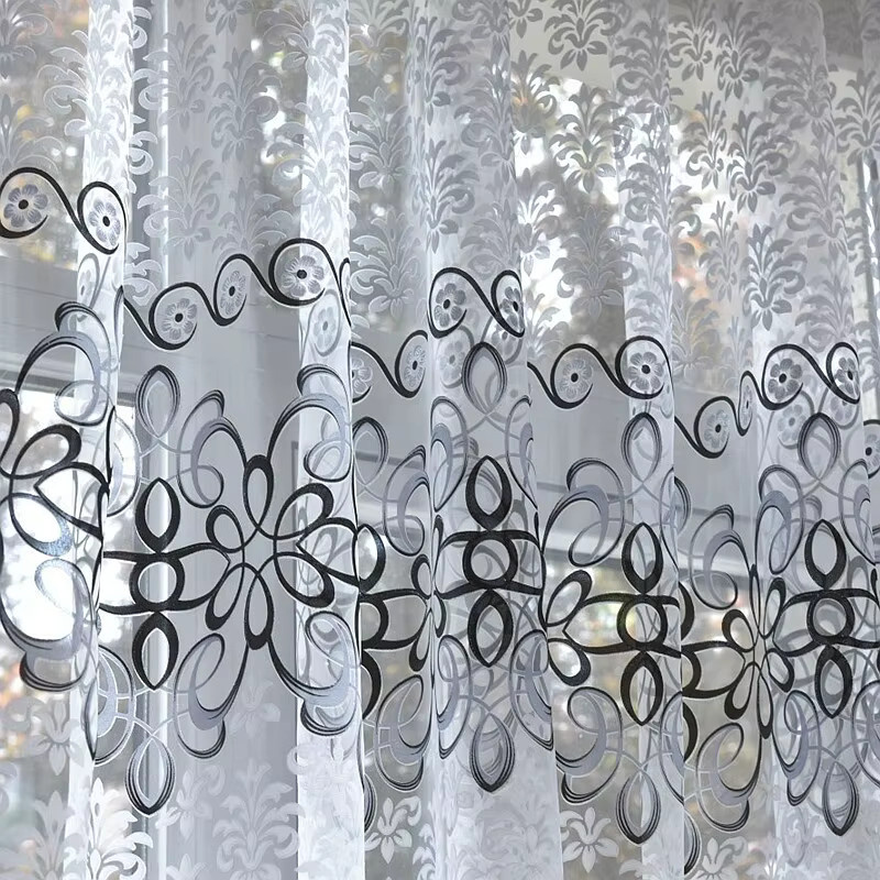 Transparenter Tüll-Vorhang mit floralem Design in Grau und Braun, Stoff-Fensterdekoration für Wohnzimmer, Schlafzimmer und Küche, B: 100 cm, H: 240 cm - Bild 2