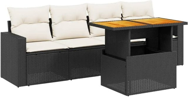 vidaXL 5-teilige Garten-Sofagarnitur aus Poly-Rattan und Akazienholz in Schwarz mit cremeweißen Kissen - Bild 1